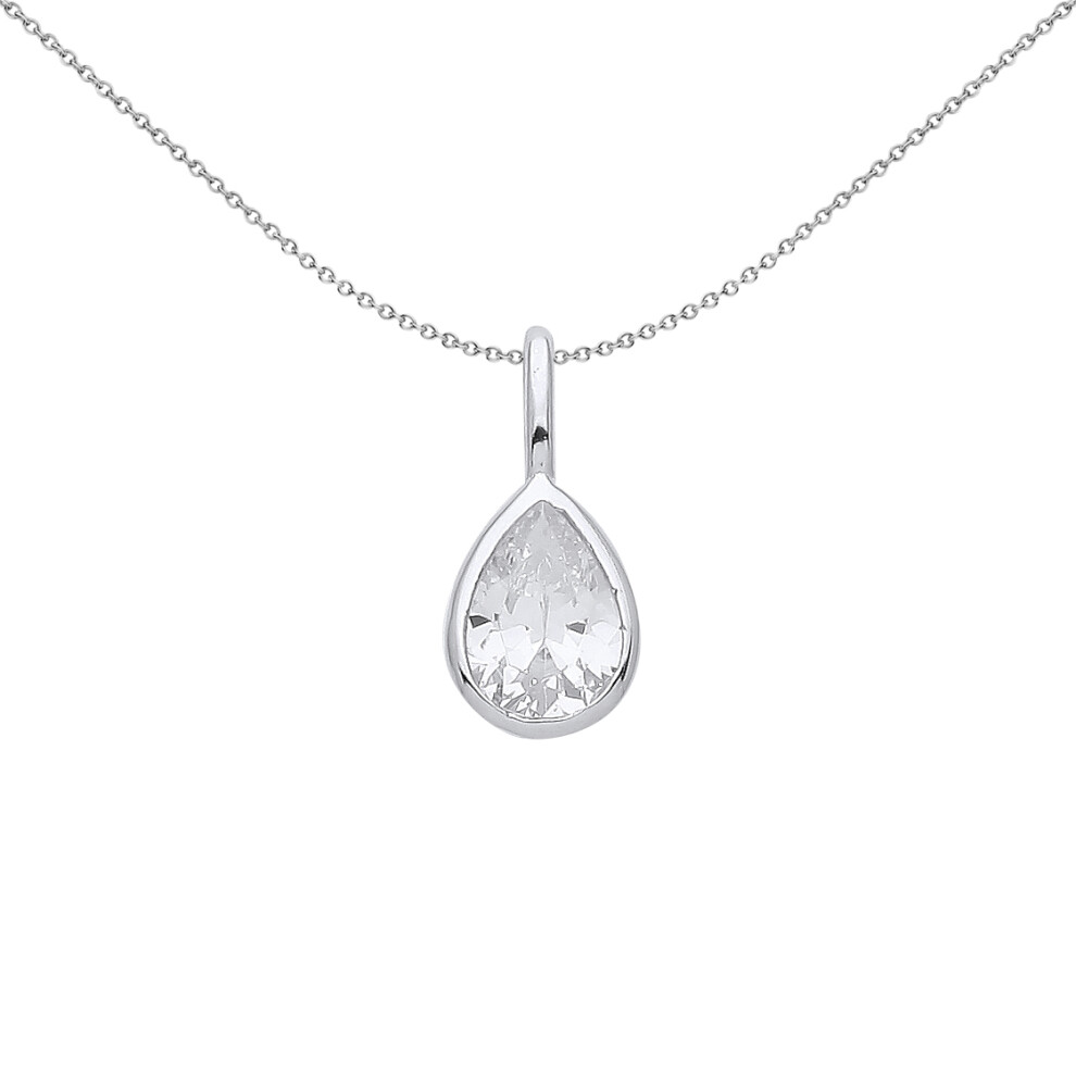 Jewelco London Ladies Rhodium Plated Sterling Silver Pear CZ Teardrop Bezel Solitaire Pendant Necklace 18 inch - GVP554