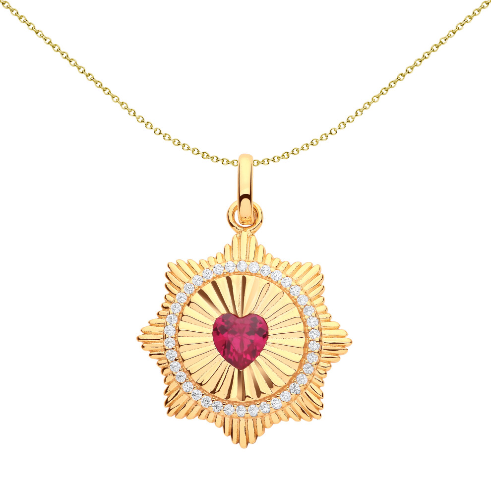 Jewelco London Ladies Gold-Plated Sterling Silver Red Heart CZ Fluted Sunburst Solitaire Halo Necklace 18 inch - GVP602