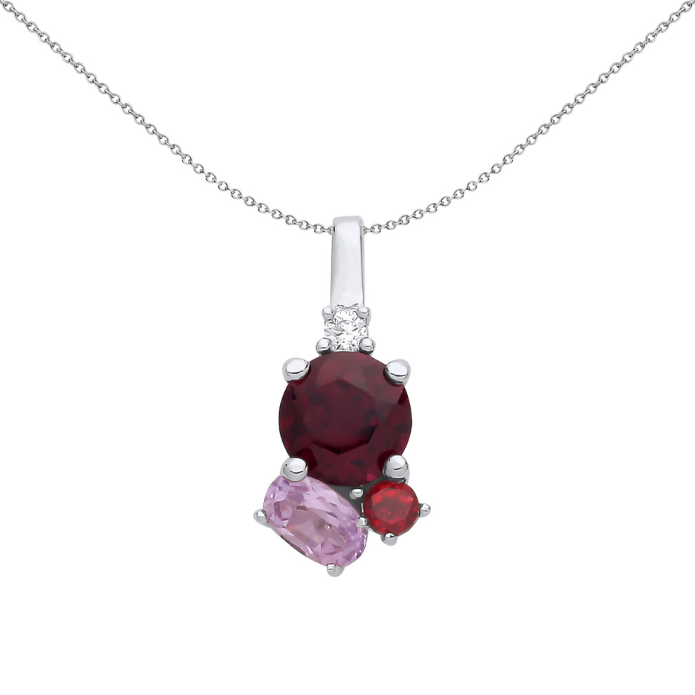 Jewelco London Sterling Silver Garnet Lilac Oval CZ Assortment Cluster Toi et Moi Pendant Necklace 18 inch - GVP679