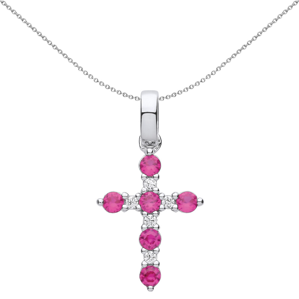 Jewelco London Unisex Sterling Silver Red CZ Alternating Eternity Cluster Bezant Cross Pendant Necklace 18 inch - GVX062