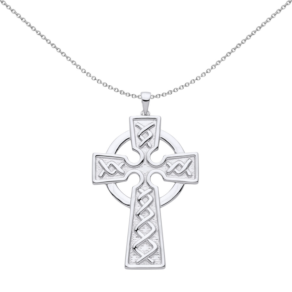 Jewelco London Unisex Rhodium Plated Sterling Silver Plaited Art Deco Celtic Cross Pendant Necklace 18 inch - GVX057