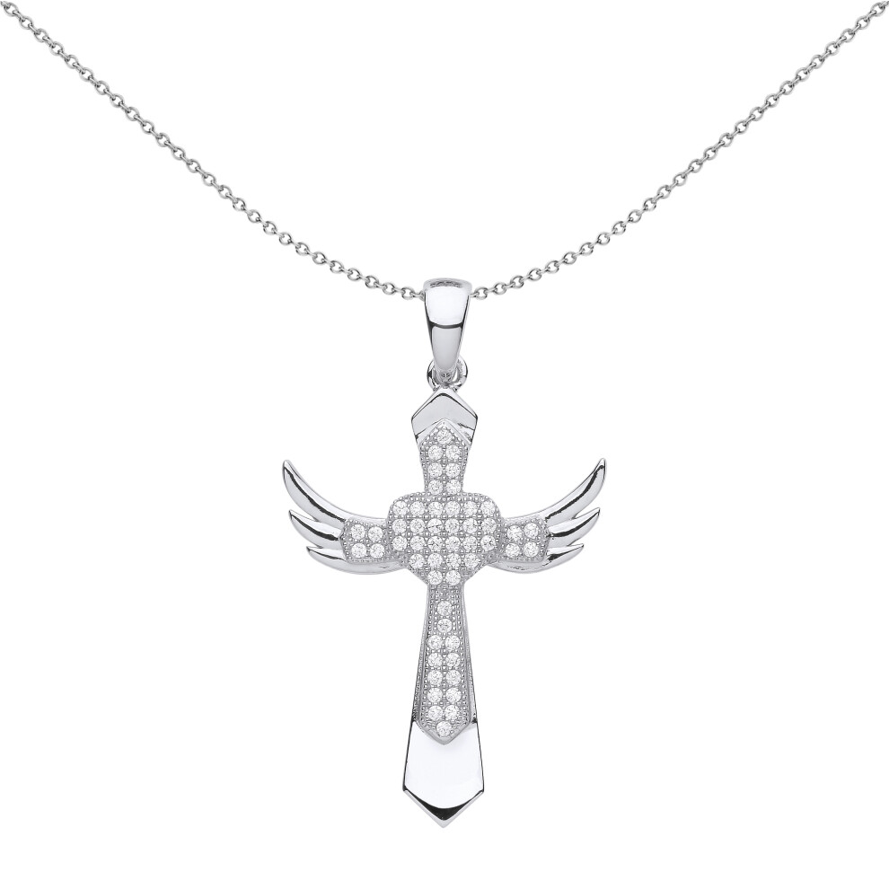 Jewelco London Unisex Rhodium Plated Sterling Silver CZ Love Heart Angel Wings Cross Pendant Necklace 18 inch - GVX059