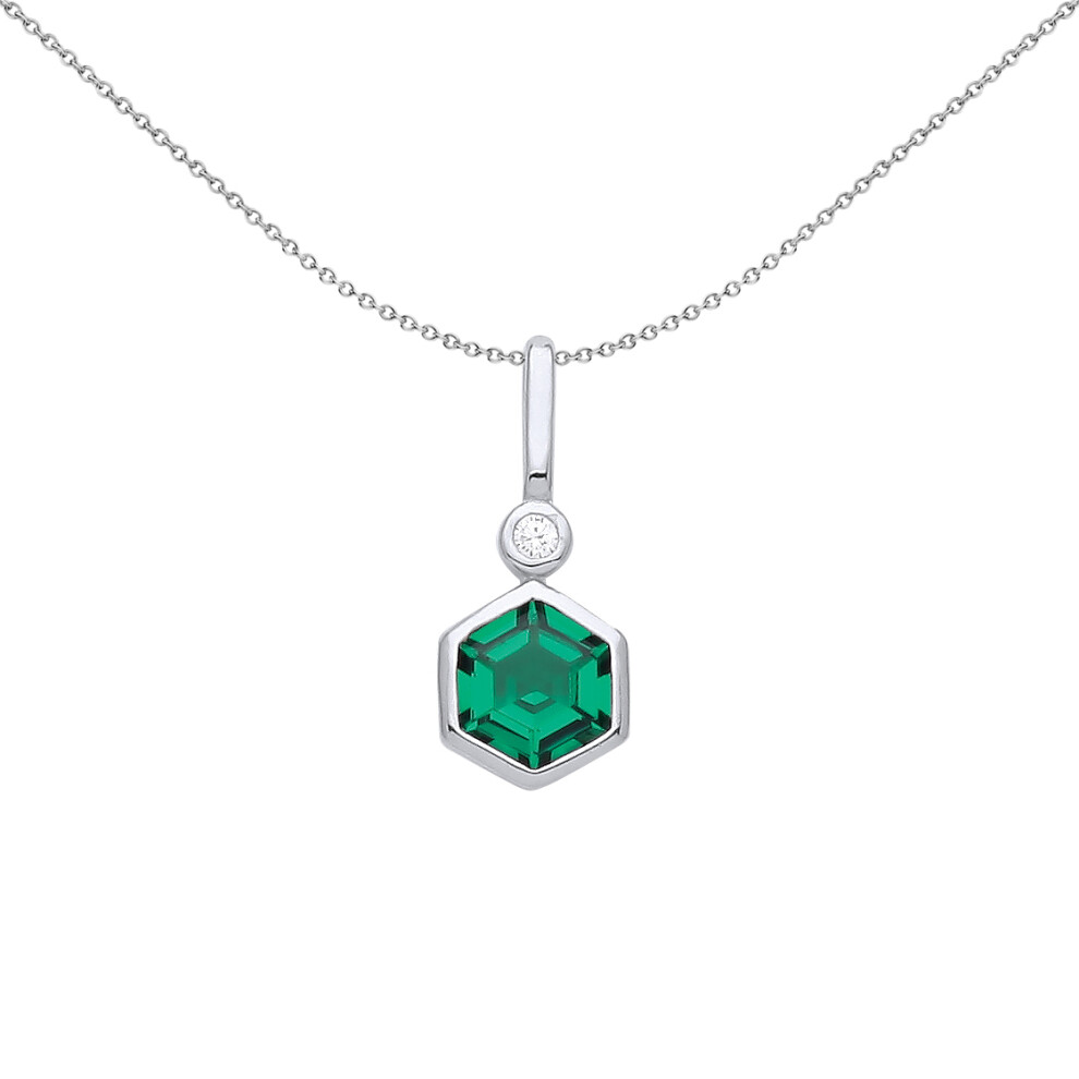 Jewelco London Sterling Silver Green Hexagon Honeycomb CZ Bezel Accented Solitaire Toi et Moi Pendant Necklace 18 inch - GVP563