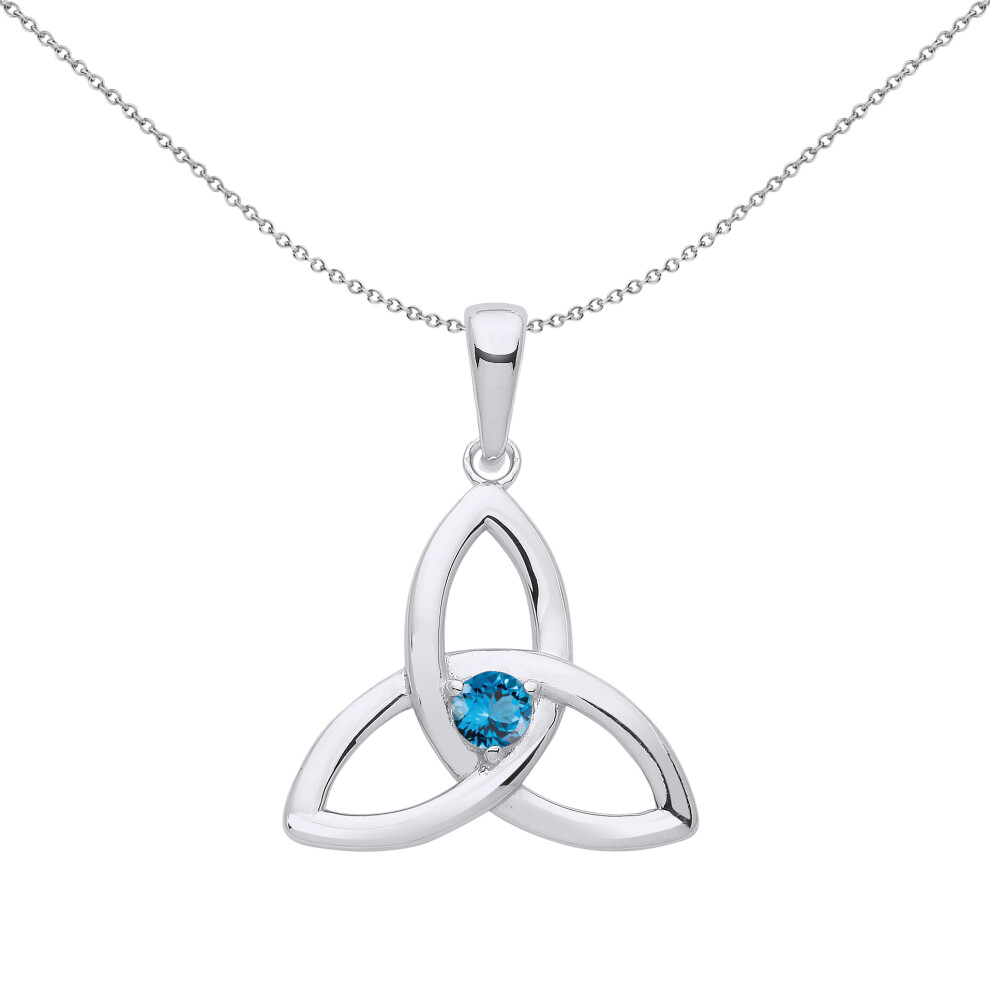 Jewelco London Ladies Sterling Silver Swiss Blue CZ Celtic Trinity Trefoil Triquetra Knot Solitaire Necklace 18 inch - GVP570BT