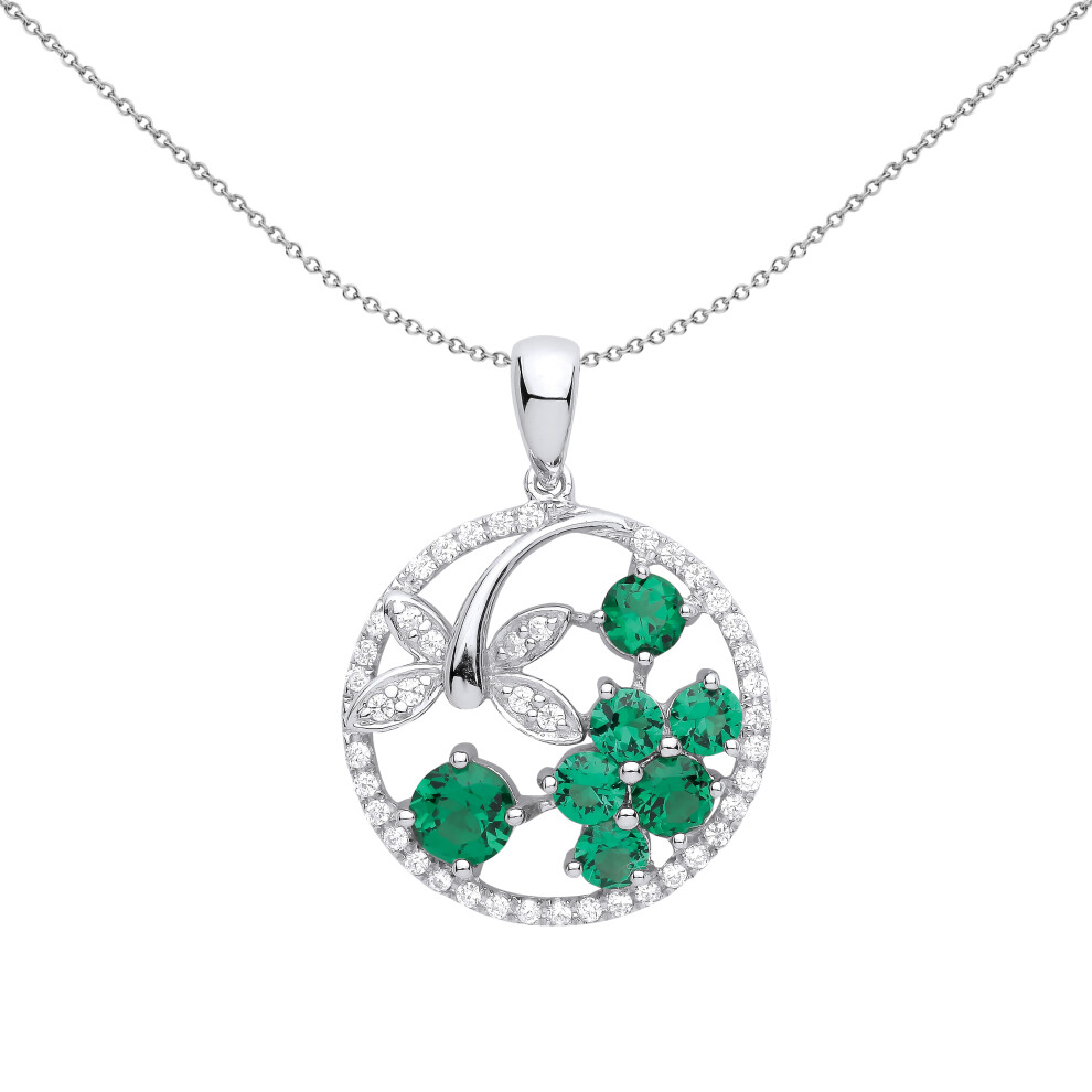 Jewelco London Ladies Rhodium Plated Sterling Silver Green CZ Dragonfly Nest Circle of Life Pendant Necklace 18 inch - GVP580
