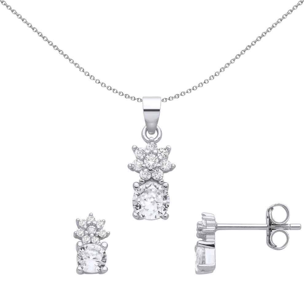Jewelco London Ladies Rhodium Plated Sterling Silver CZ Pineapple Hat Cluster Solitaire Earrings Necklace Set - GSET673