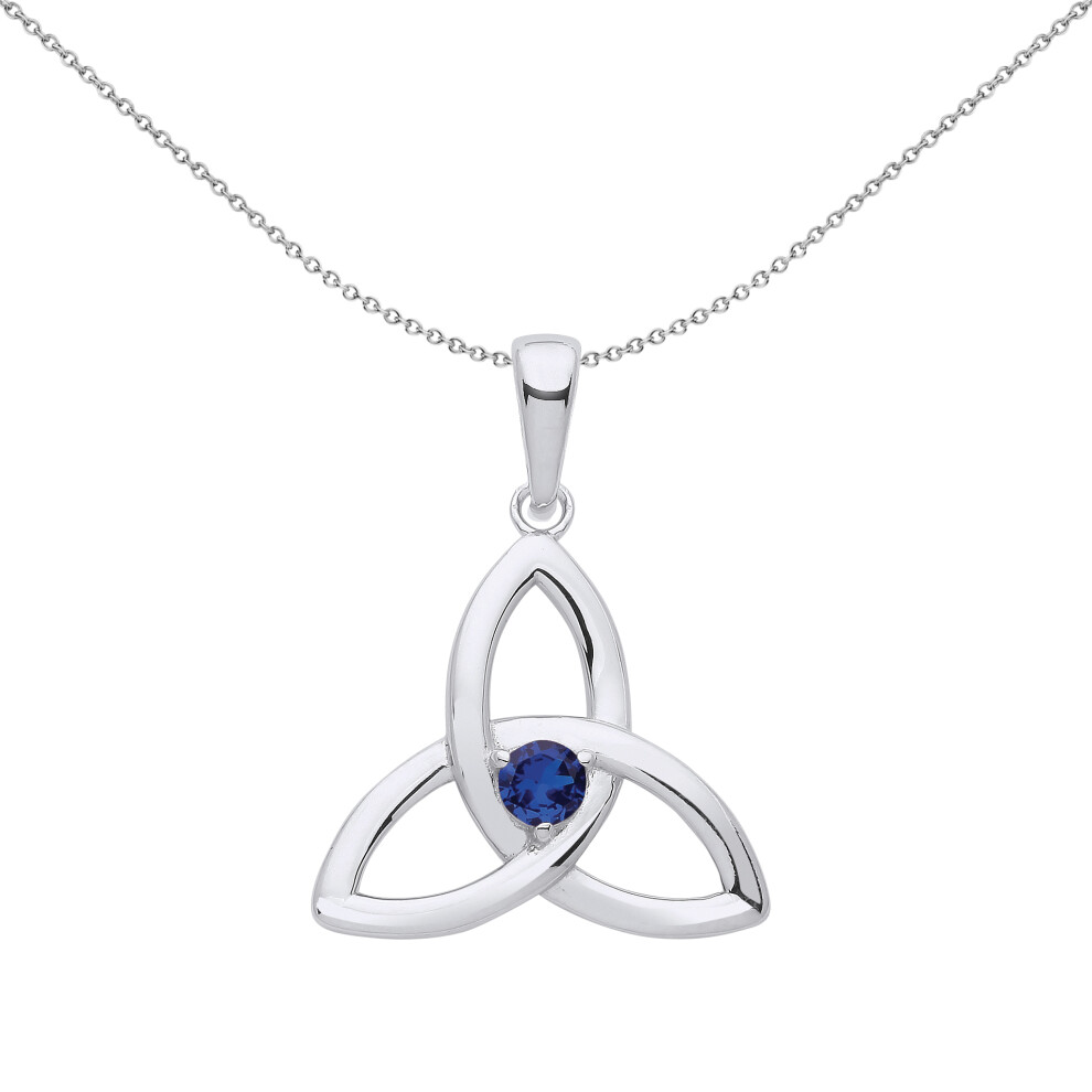 Jewelco London Ladies Sterling Silver Blue CZ Celtic Trinity Trefoil Triquetra Knot Solitaire Pendant Necklace 18 inch - GVP570SAP
