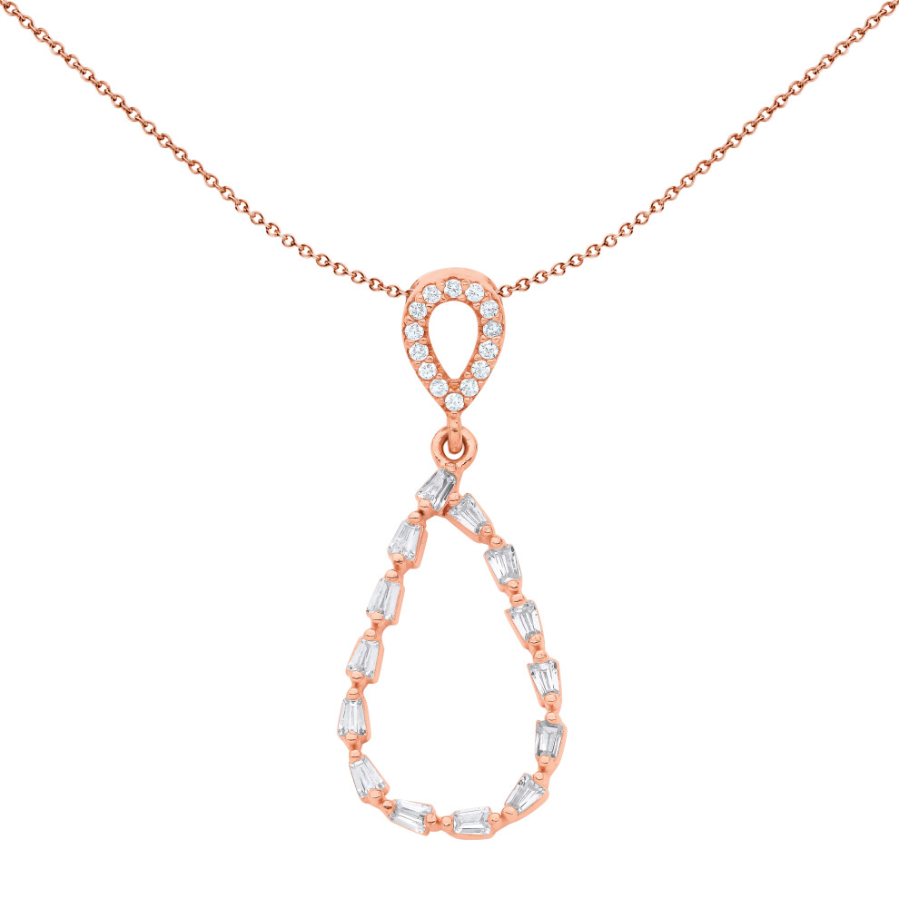 Jewelco London Ladies Rose Gold-Plated Sterling Silver Baguette CZ Flame Raindrop Cluster Rolo Pendant Necklace 18 inch - GVP661