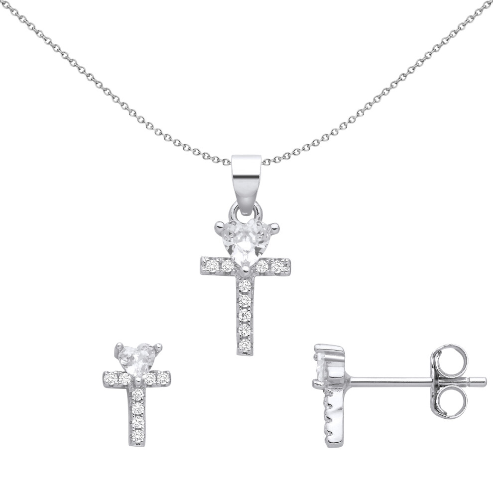 Jewelco London Ladies Rhodium Plated Sterling Silver Heart CZ Love Heart T Cross Earrings Necklace Set - GSET675