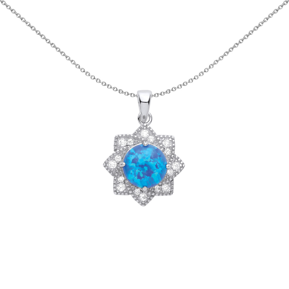 Jewelco London Ladies Rhodium Plated Sterling Silver Blue Opal CZ Luxury Mosaic Starry Pool Pendant Necklace 18 inch - GVP572