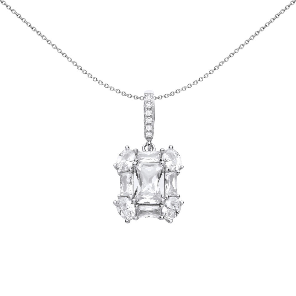 Jewelco London Ladies Sterling Silver Radiant Oval CZ Illusion Emerald-Cut Solitaire Cluster Pendant Necklace 18 inch - GVP671