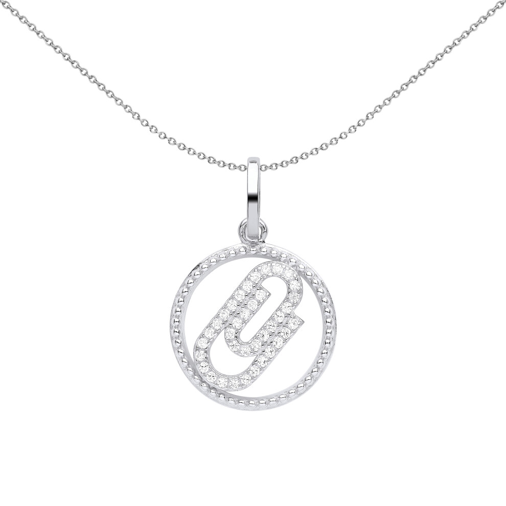 Jewelco London Ladies Rhodium Plated Sterling Silver CZ Beaded Halo Ring Paperclip Circle Pendant Necklace 18 inch - GVP575