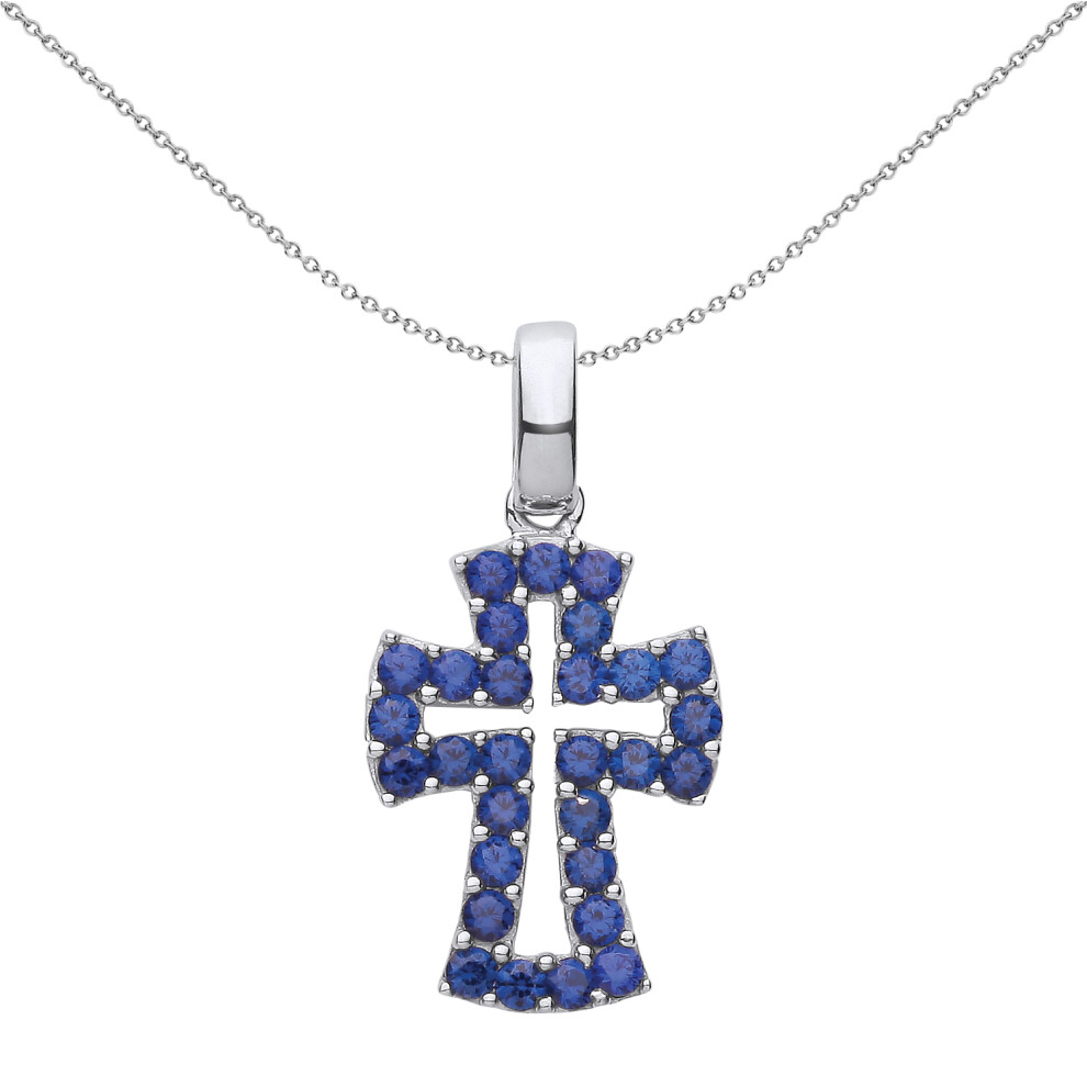 Jewelco London Unisex Rhodium Plated Sterling Silver Blue CZ Graduated Serif Byzantine Cross Pendant Necklace 18 inch - GVX065