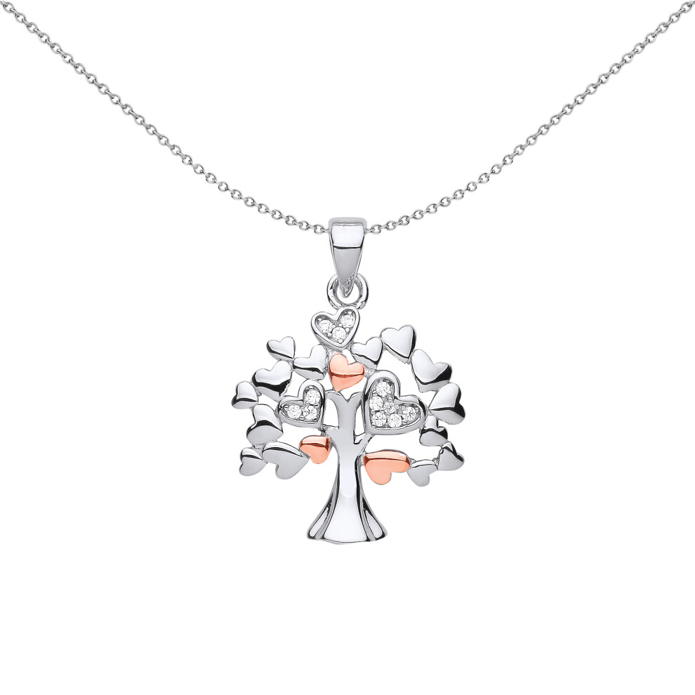 Jewelco London Ladies Rhodium & Rose Gold-Plated Sterling Silver CZ Love Hearts Tree of Life Pendant Necklace 18 inch - GVP597
