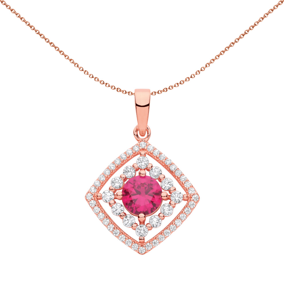 Jewelco London Ladies Rose Gold-Plated Sterling Silver Red CZ Square Halo Red Eye Pendant Necklace 18 inch - GVP631