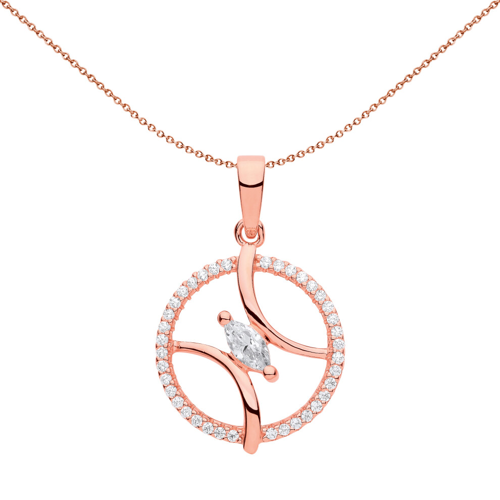Jewelco London Ladies Rose Gold-Plated Sterling Silver Marquise CZ Baseball Tennis Ball Circle of Life Necklace 18 inch - GVP629