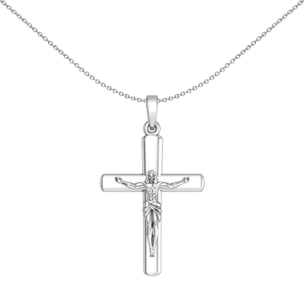 Jewelco London Unisex Platinum Plated Sterling Silver Rounded Latin Crucifix Cross Pendant Necklace 18 inch - GVX093