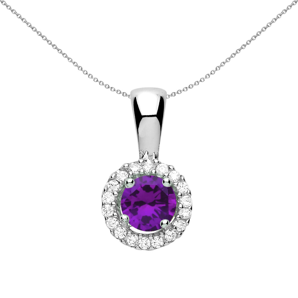 Jewelco London Ladies Rhodium Plated Sterling Silver Purple CZ Solitaire Halo Pendant Necklace 18 inch - GVP292AM