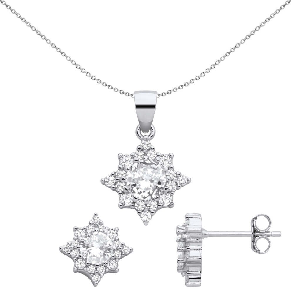 Jewelco London Ladies Rhodium Plated Sterling Silver CZ Octogram Starburst Solitaire Earrings Necklace Set - GSET662