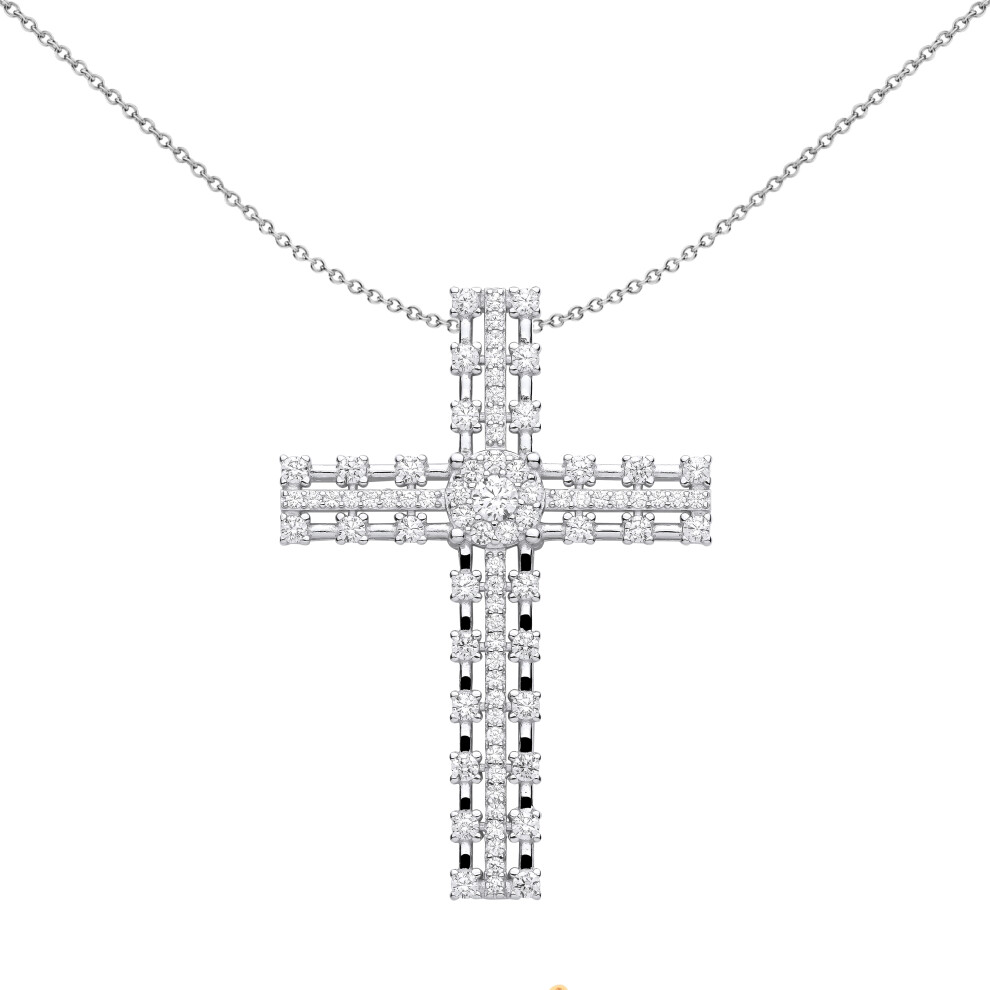 Jewelco London Unisex Rhodium Plated Sterling Silver CZ Station Outline Eternity Cluster Cross Pendant Necklace 18 inch - GVX072