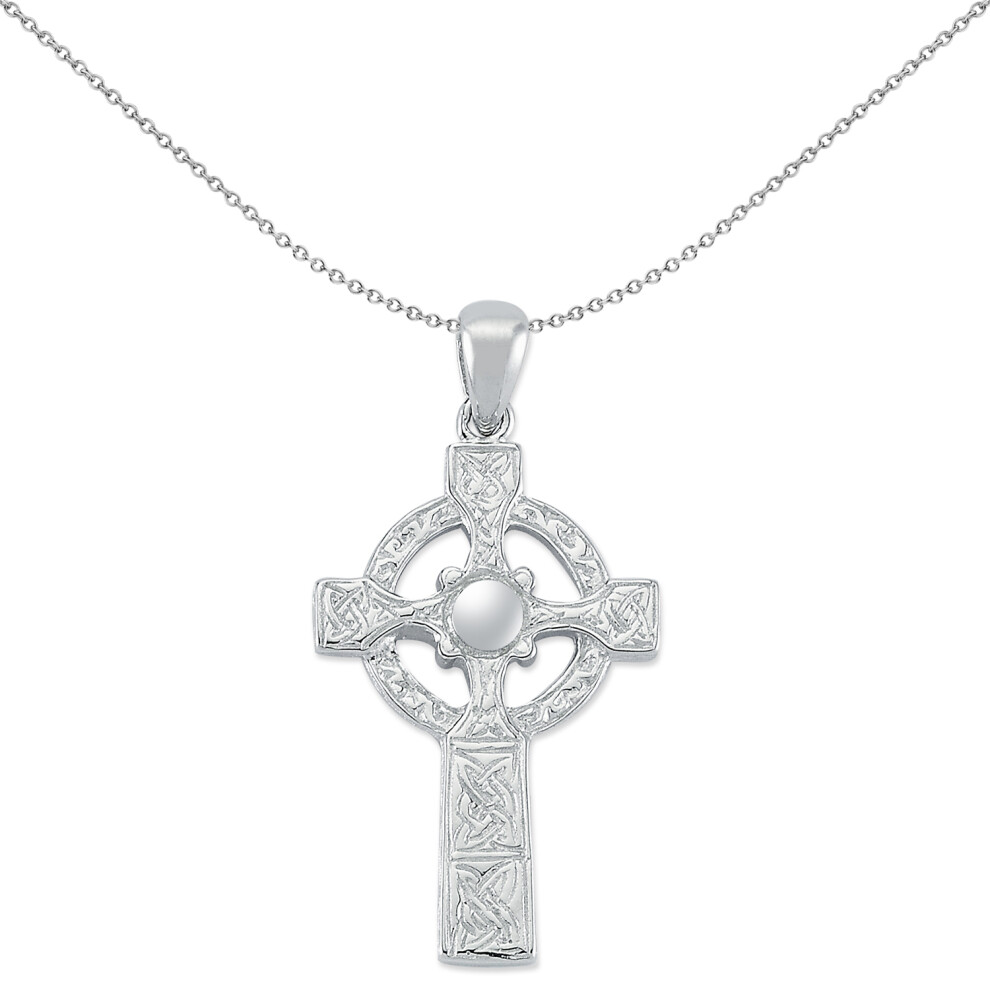 Jewelco London Unisex Rhodium Plated Sterling Silver Carved Celtic Knot Cross Pendant Necklace 18 inch - GVX079