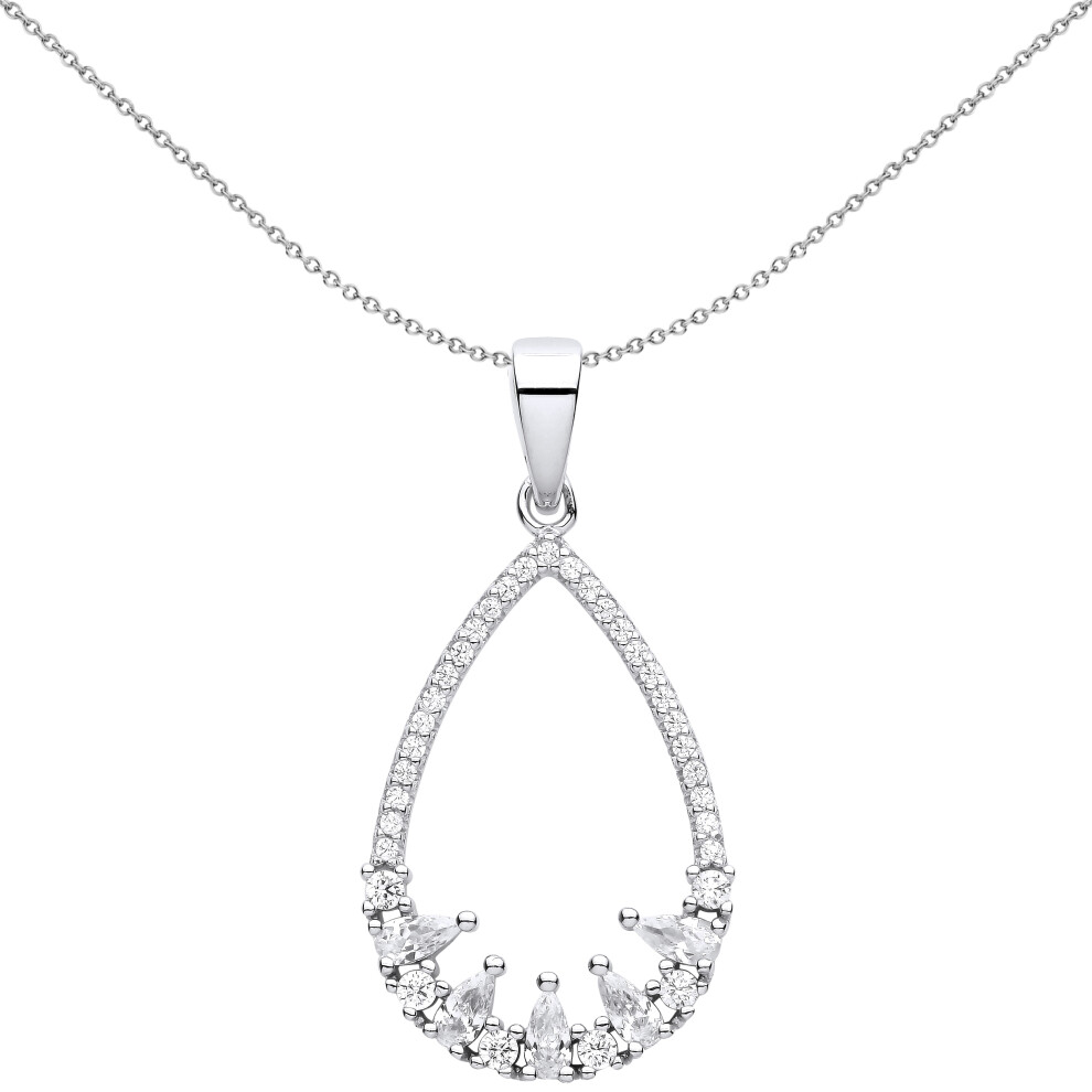Jewelco London Ladies Rhodium Plated Sterling Silver Pear CZ 5 Chicks In A Birds Nest Pear Pendant Necklace 18 inch - GVP619