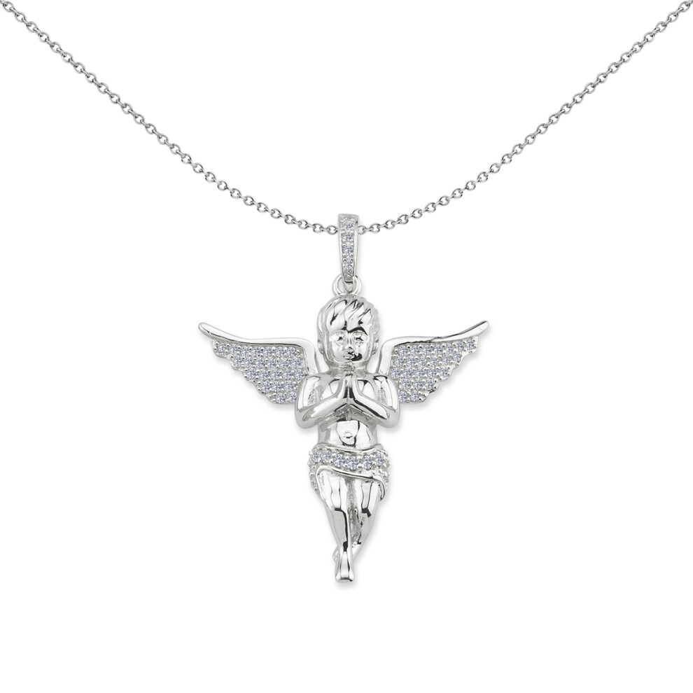 Jewelco London Unisex Rhodium Plated Sterling Silver CZ Cherub Angel Wings Cross Pendant Necklace 18 inch - GVX080