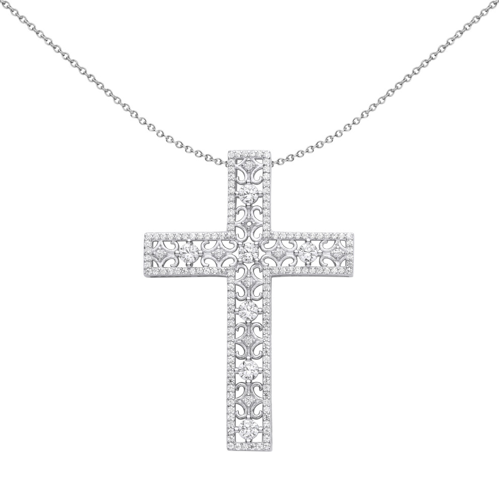 Jewelco London Unisex Rhodium Plated Sterling Silver CZ Filigree Lattice Outline Cross Pendant Necklace 18 inch - GVX071