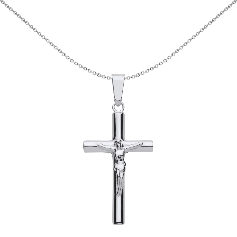 Jewelco London Unisex Rhodium Plated Sterling Silver Round Tube Crucifix Cross Pendant Necklace 18 inch - GVX098