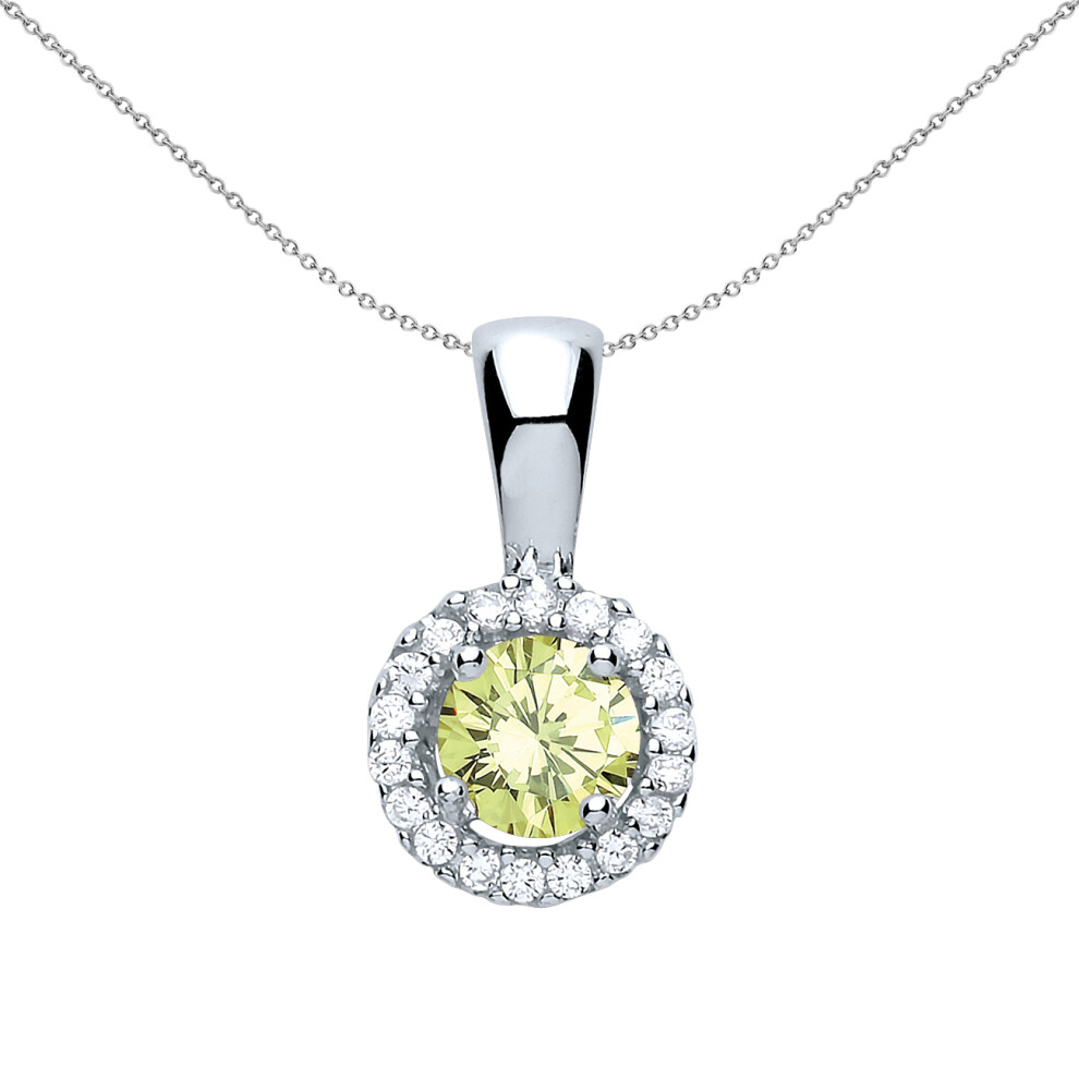 Jewelco London Ladies Rhodium Plated Sterling Silver Green CZ Solitaire Halo Pendant Necklace 18 inch - GVP292PER