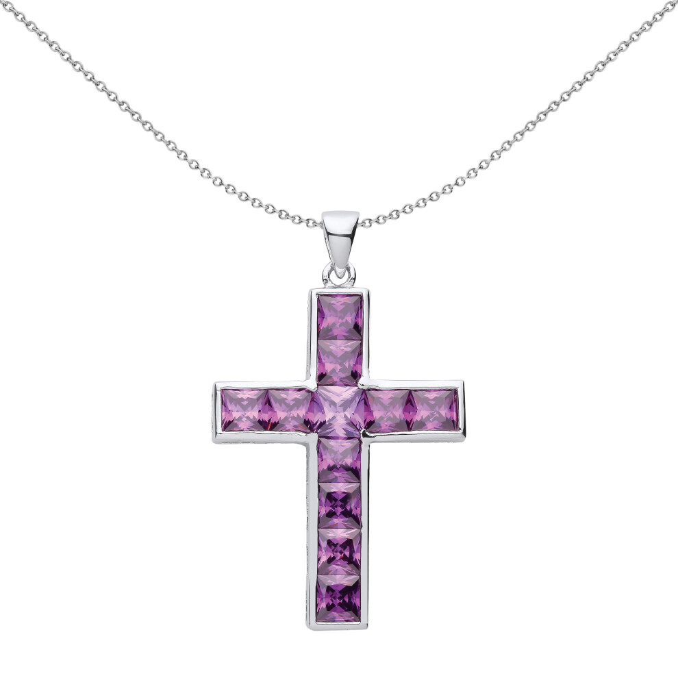 Jewelco London Unisex Sterling Silver Purple Princess CZ Minimalist Bezel Channel Set Cross Pendant Necklace 18 inch - GVX067