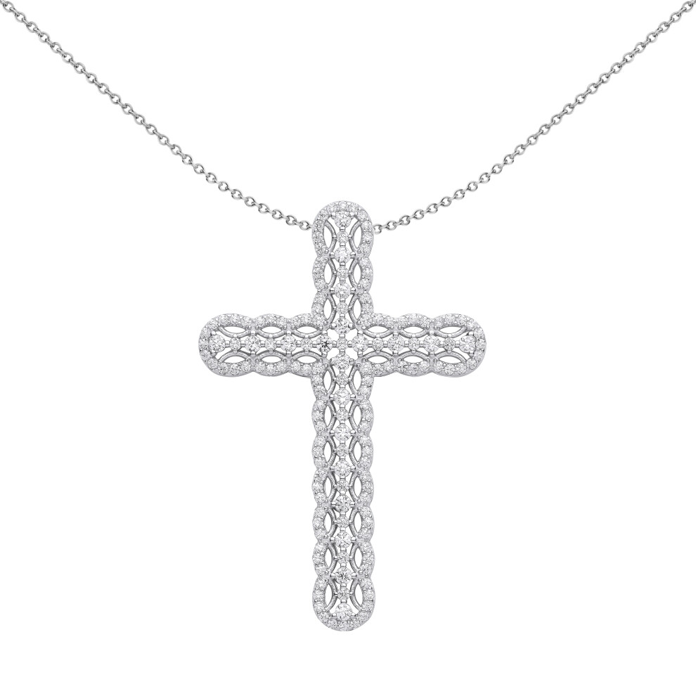 Jewelco London Unisex Rhodium Plated Sterling Silver CZ Scallop Edge Tennis Cross Pendant Necklace 18 inch - GVX074