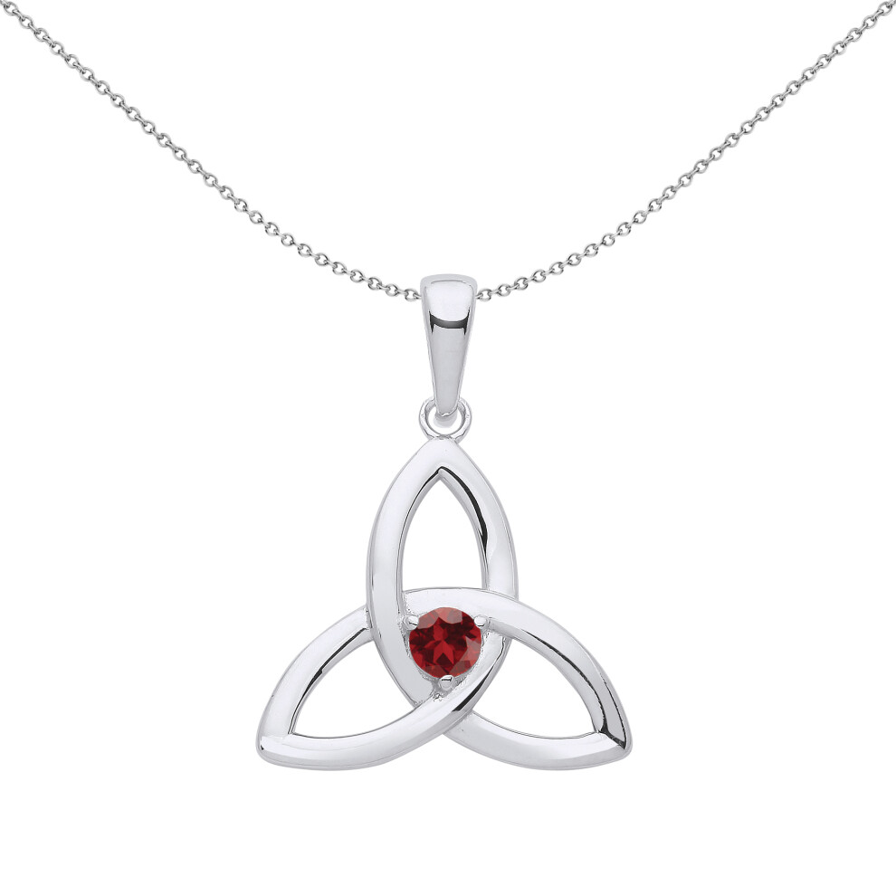 Jewelco London Ladies Sterling Silver Garnet CZ Celtic Trinity Trefoil Triquetra Knot Solitaire Pendant Necklace 18 inch - GVP570GAR