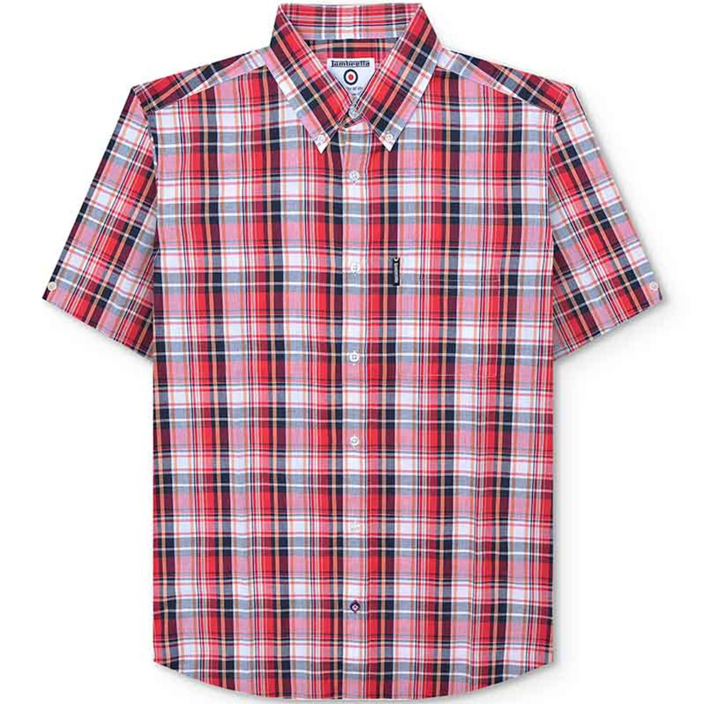 (M, Red/White) Lambretta Mens Multi Check Short Sleeve Button Down Collar Shirt - Red/White