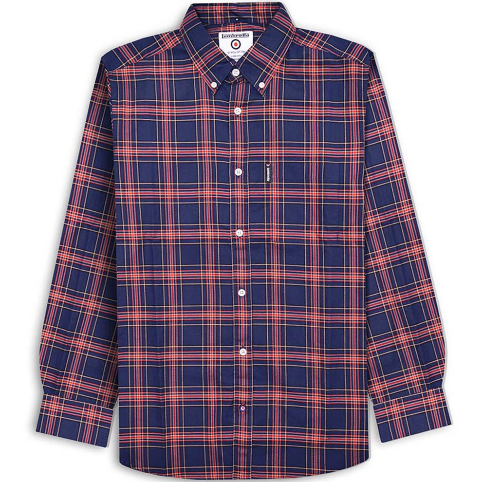 (L, Navy/Red) Lambretta Mens Long Sleeve Checked Checkered Smart Shirt - Navy/Red