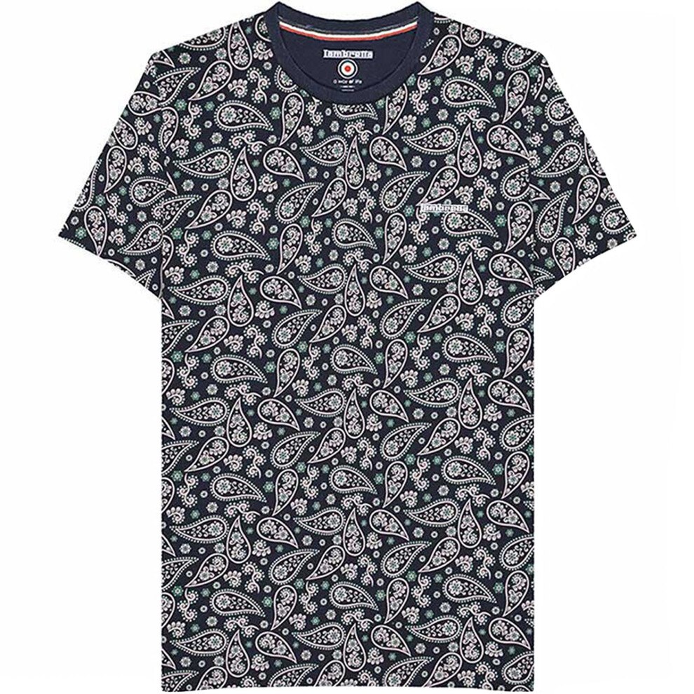 (S, Navy) Lambretta Mens Paisley All Over Print Short Sleeve Crew Neck T-Shirt Top Tee