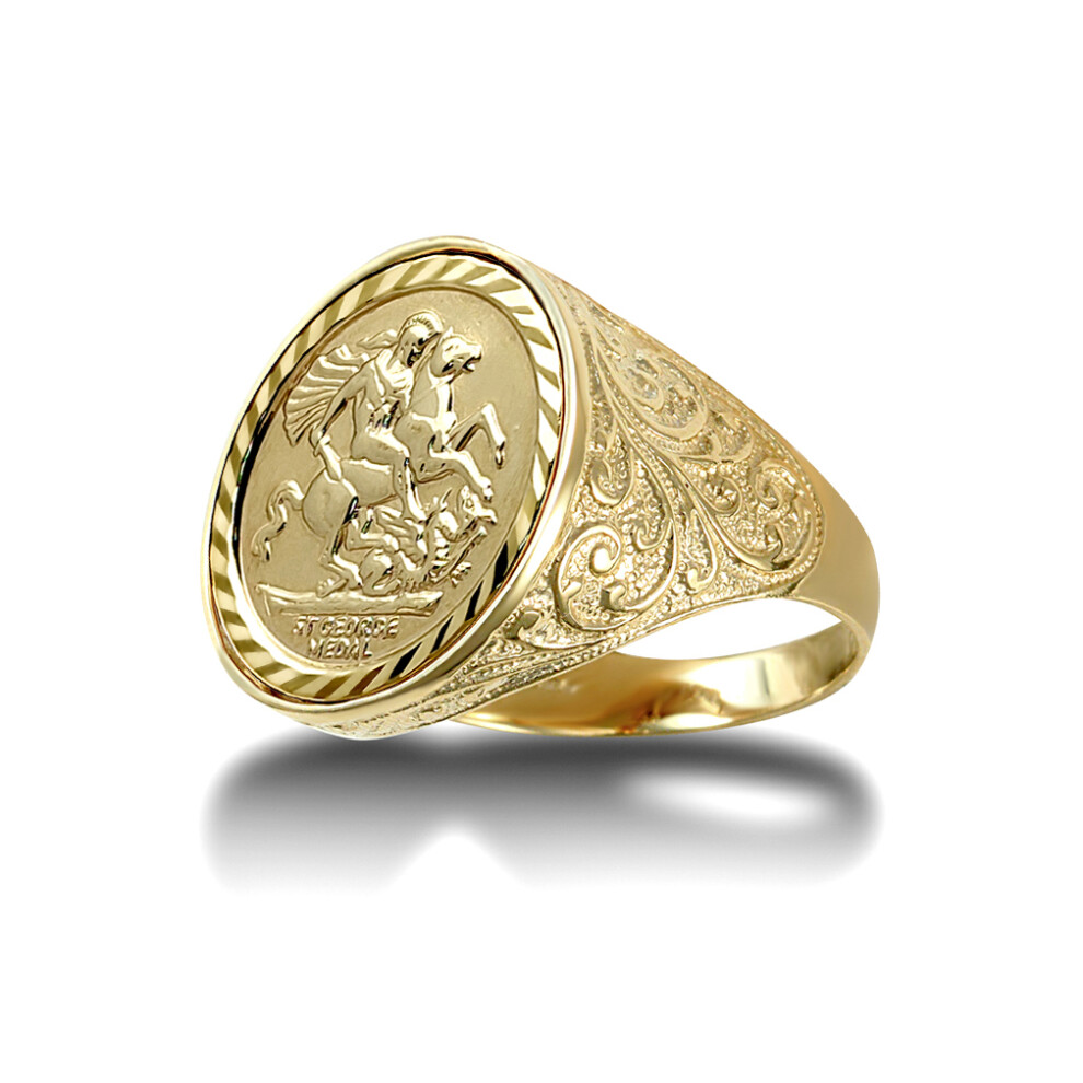 (M) Jewelco London Men's Solid 9ct Gold Floral Engraved St George & Dragon Medallion Ring (Half Sov Size)