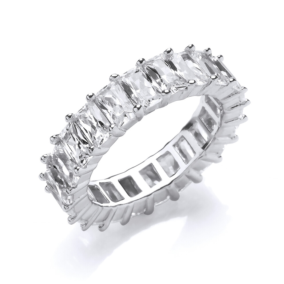 Silver Emerald Cut CZ Wide 4 Claw Eternity Ring