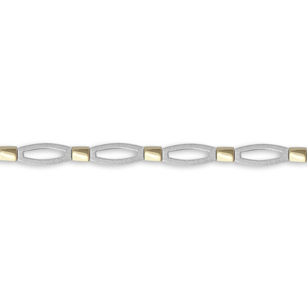 Jewelco London Ladies Solid 9ct Yellow and White Gold Collared Satin Matte Oval Link 6mm Gauge Designer Bracelet, 7.5 inch 19cm - JBB372-7.5