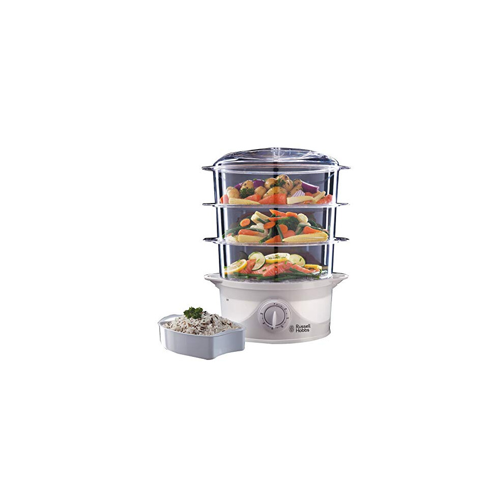 Russell Hobbs 3 Tier Electric Food Steamer, 9L, Dishwasher safe BPA free baskets, Stackable baskets, 1L Rice bowl inc, 60 min timer