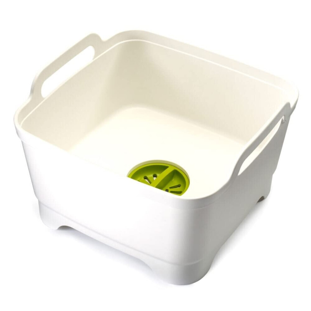 Joseph Joseph Wash & Drain Kitchen Washing Up Bowl with Handles and Draining Plug, 9 Litres, White/Green