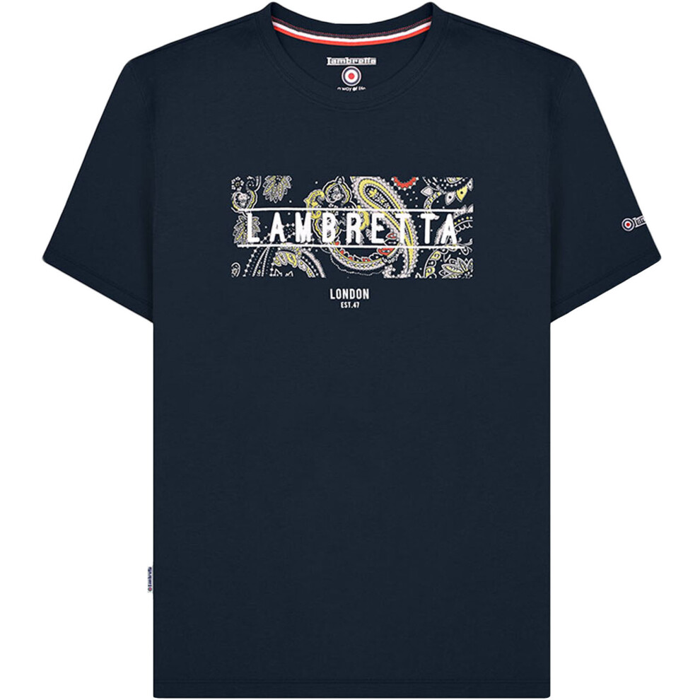 (3XL, Navy) Lambretta Mens Paisley Box Short Sleeve Crew Neck Cotton T-Shirt Top Tee