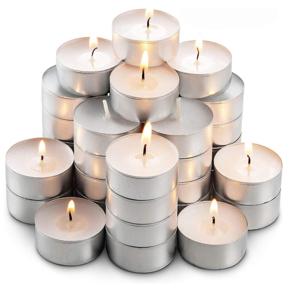 (Quantity) Tea Lights Candles Unscented Tealight 4 Hour Burn Nightlight Pack of 50