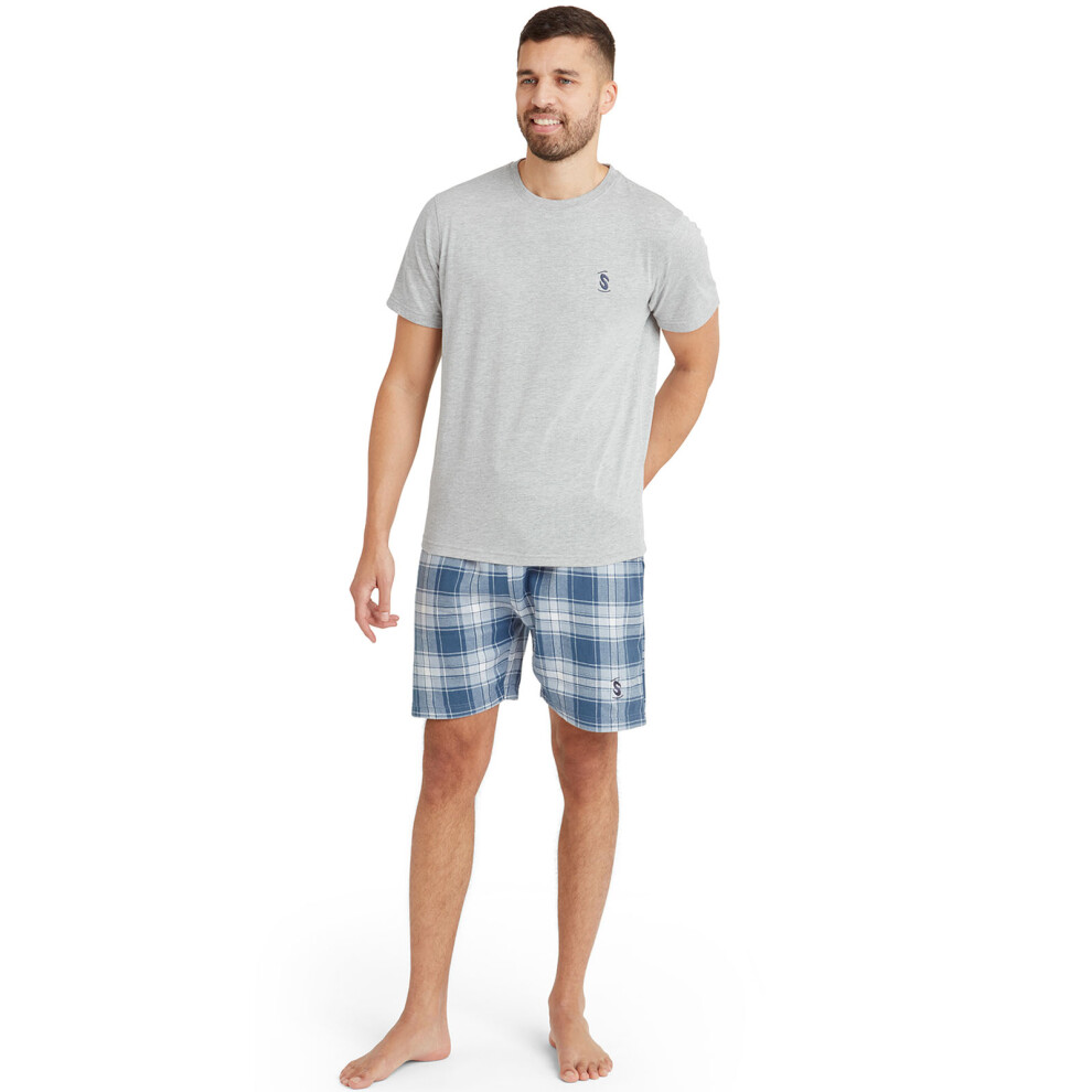 (M, Grey/Blue) Snuggaroo Mens Short Sleeve Crew Neck T-Shirt Check Shorts PJs Pyjama Set