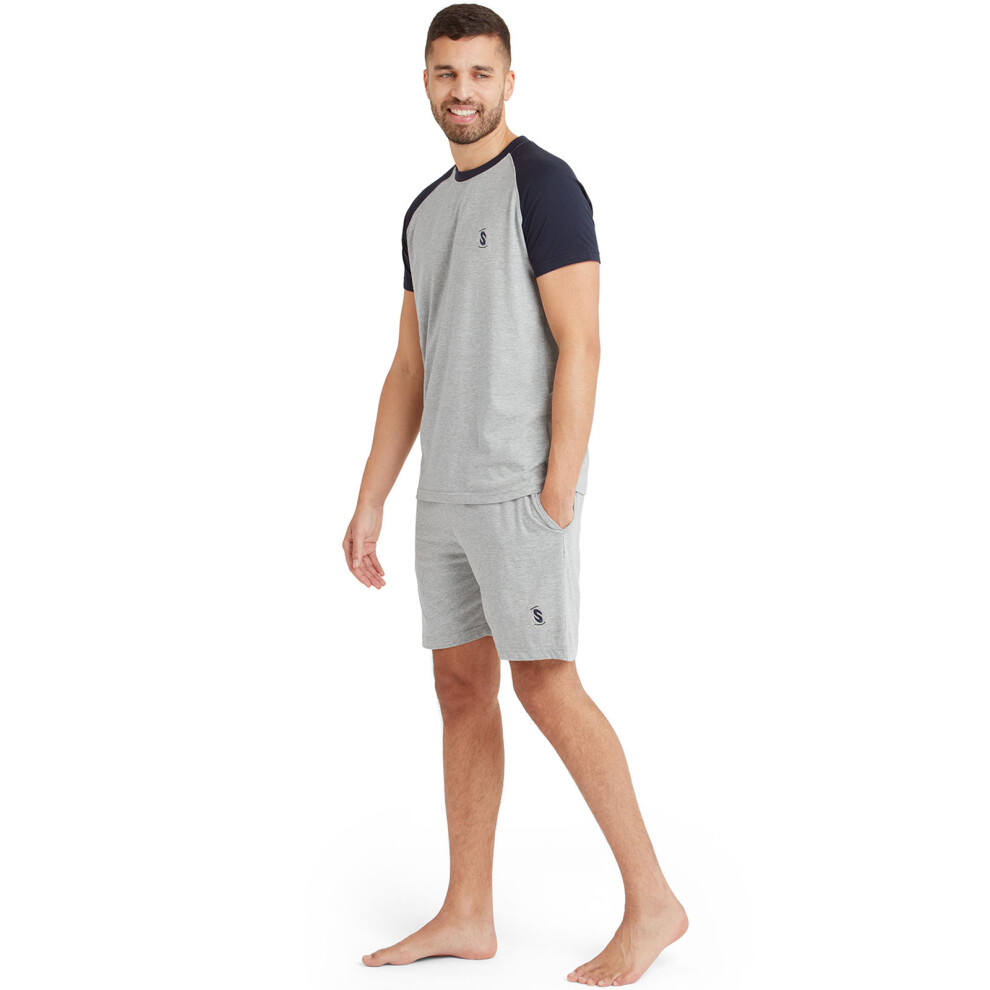 (M, Grey/Navy) Snuggaroo Mens Raglan Short Sleeve Crew Neck T-Shirt Shorts PJs Pyjama Set
