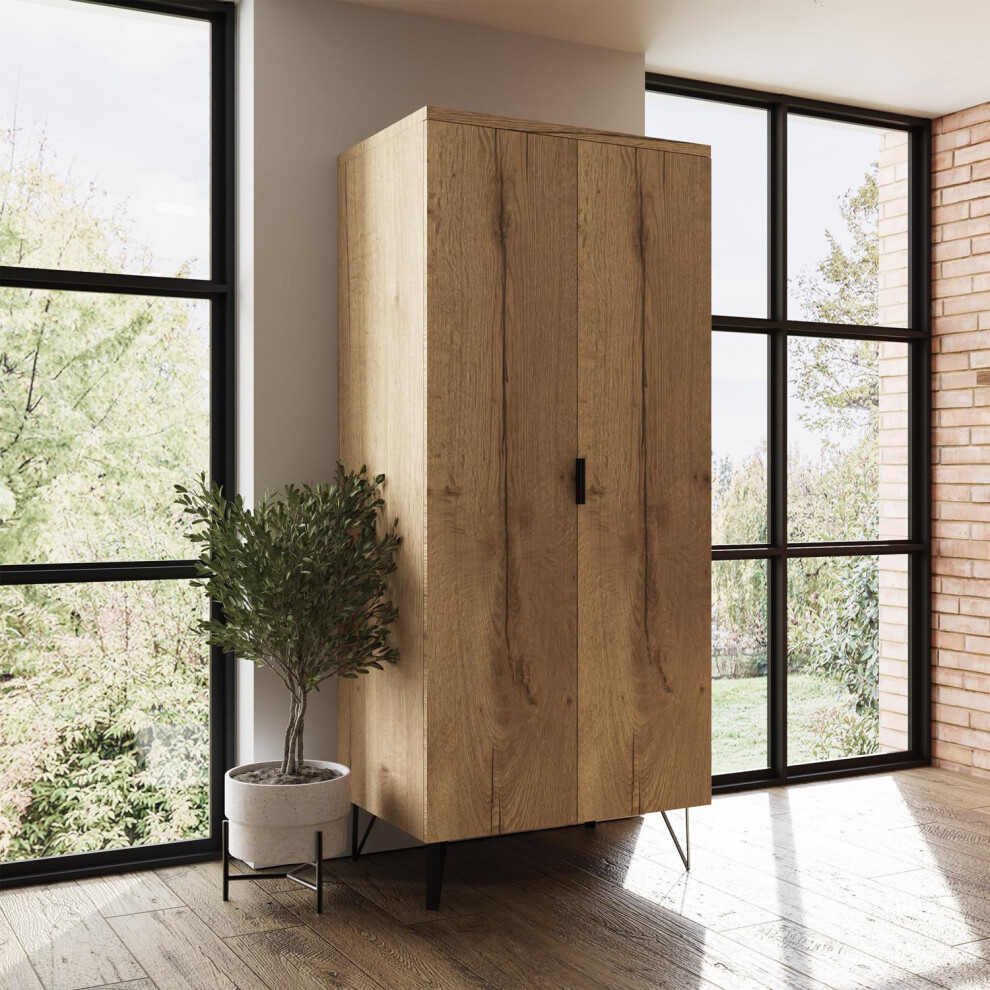 2 Door Wardrobe Cracked Oak Finish Modern Bedroom Furniture Black Accent Handles