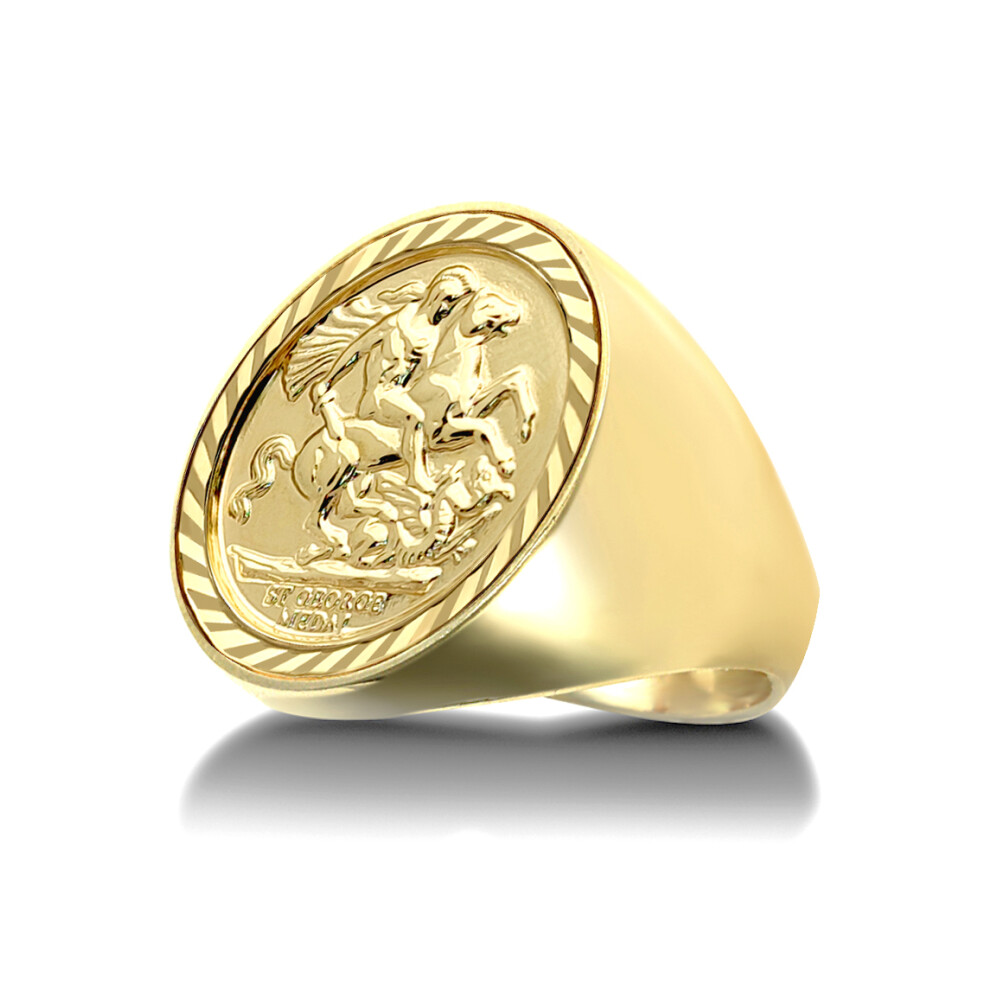 (Y) Jewelco London Men's Solid 9ct Gold Domed Polished St George & Dragon Medallion Ring (Full Sov Size)