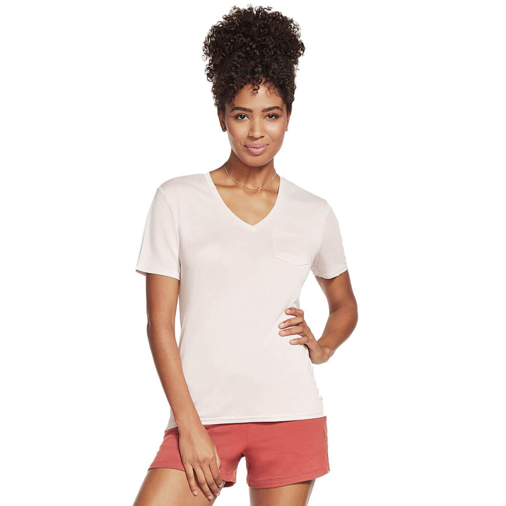 (S, Light Pink) Skechers Womens 2021 Apparel Tranquil V-Neck Modal Chest Pocket T-Shirt