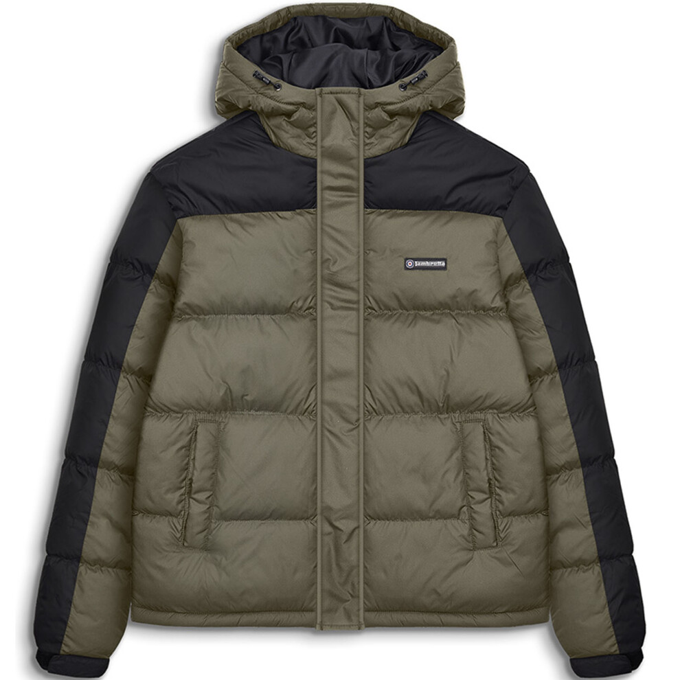 (3XL, Khaki/Black) Lambretta Mens Hooded Puffer Padded Raglan Warm Winter Jacket Coat