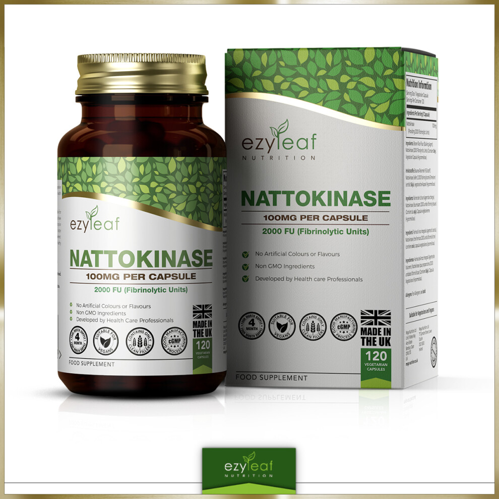 Ezyleaf Nattokinase 100mg 2000FU's 120 Veg Capsules | Enzyme Blood Heart Health